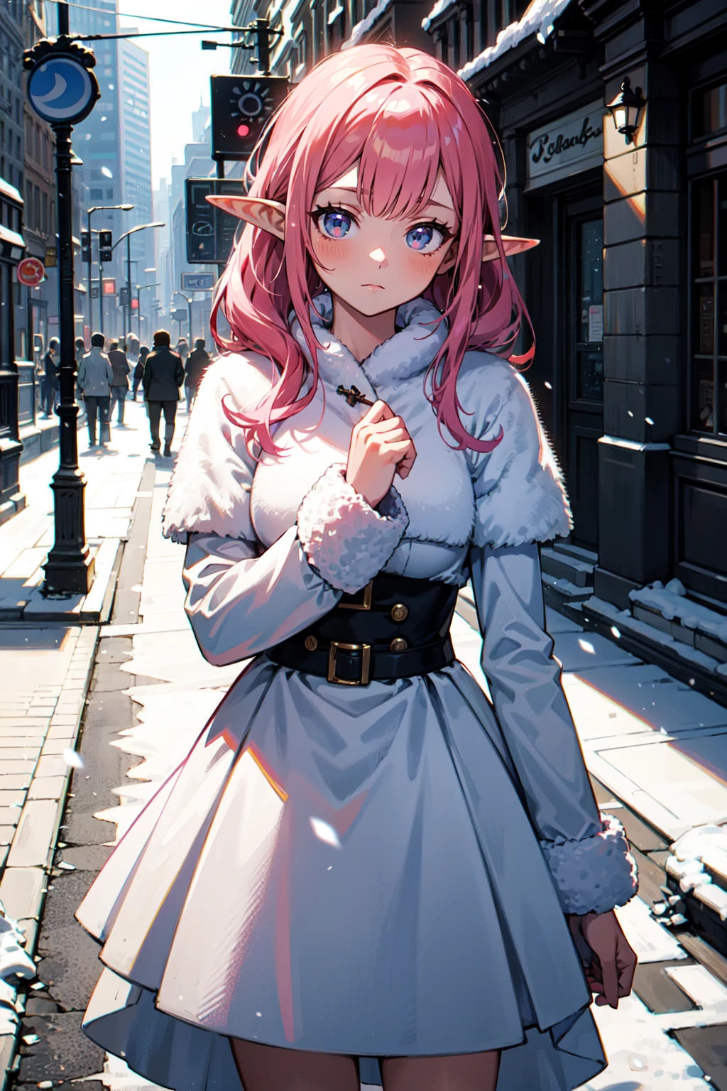 (best quality, masterpiece:1.1), (Intricate detailed:1.2), ((cowboy shot, looking at viewer, staring, (facing down:1.2), looking down, 1girl, touched face, hot pink hair, asymmetrical bangs, messy hair, elf, pointy ears, one piece dress, thick fluffy coat BREAK ( glow white particles, (street), snowing winter) in the background, ):0.8)