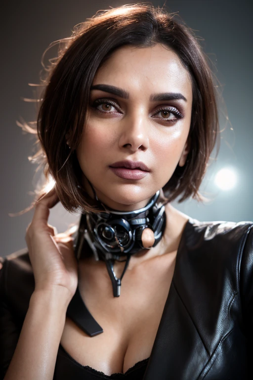 (photo of a gorgeous woman), (professional photography), (cyberpunk background), ((as a sexy cyborg girl)), detailed face, (medium body portrait), (short hair), masterpiece, best quality, (eye contact), (looking at the viewer), centred, (shot from front), ((cinematic lighting)), blurred_background, proportional, <lora:Aditi_Rao-10:0.85>