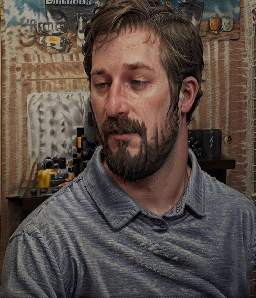(((pencil drawing))), 1boy, male focus, facial hair, solo, beard, earphones, brown hair, gray shirt, open eyes, collared shirt, masterpiece, best quality,