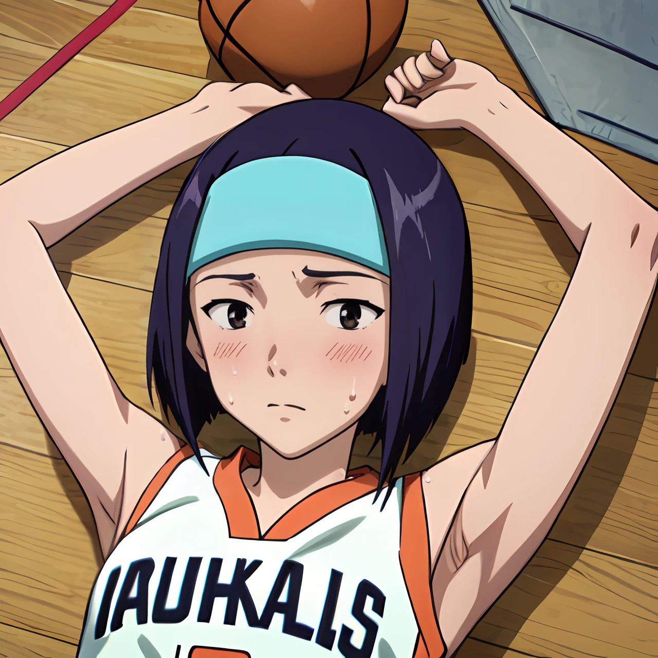 (masterpiece, best quality:1.2), highres, anime screencap, anime coloring, 1girl, solo, sweat, blush,
Tomoyo_Kurobe, purple hair, short hair, bob cut, black eyes, brown eyes, small breasts, headband, hairband,
sportswear, basketball uniform, sleeveless, bare shoulders,
(lying on floor, on back:1.2), arms up, armpits,
indoors, gym, wooden floor, portrait, extremely close-up face, face focus,
<lora:add_detail_CyberAlchemist:0.4>, <lora:GoodHands-beta2:0.8>, <lora:TomoyoKurobe-000010:1.0>,