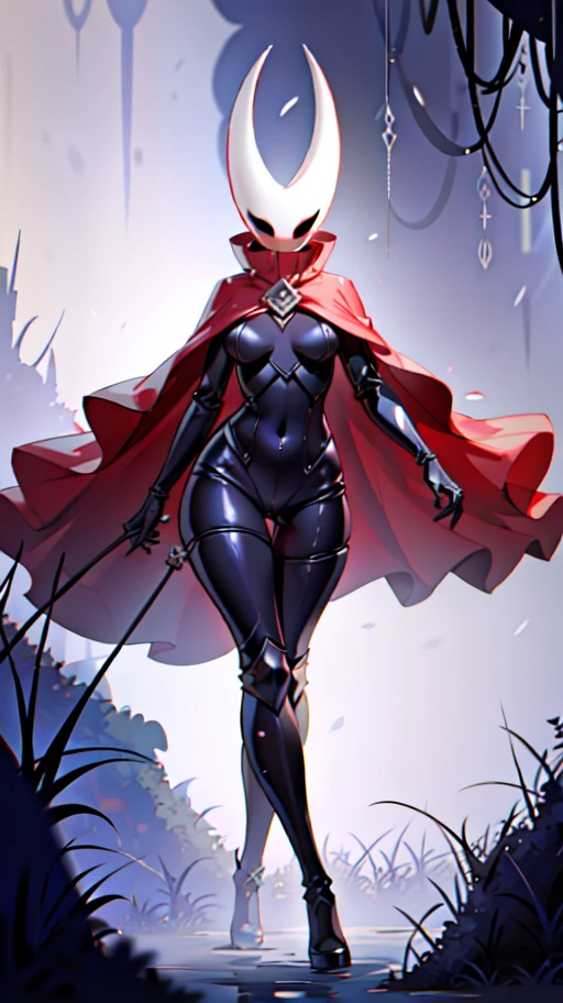 (1girl:average breasts, mask, hornet \(hollow knight\), big ass, black skin, red cape), <lora:LoRA_Hornet-000004:1>, high quality, high resolution, extreme detail, masterpiece, intricate details, [volumetric fog], cinematic lighting, photographed on a Canon EOS R5, 50mm lens, F/2.8, HDR, 8k resolution, colorful