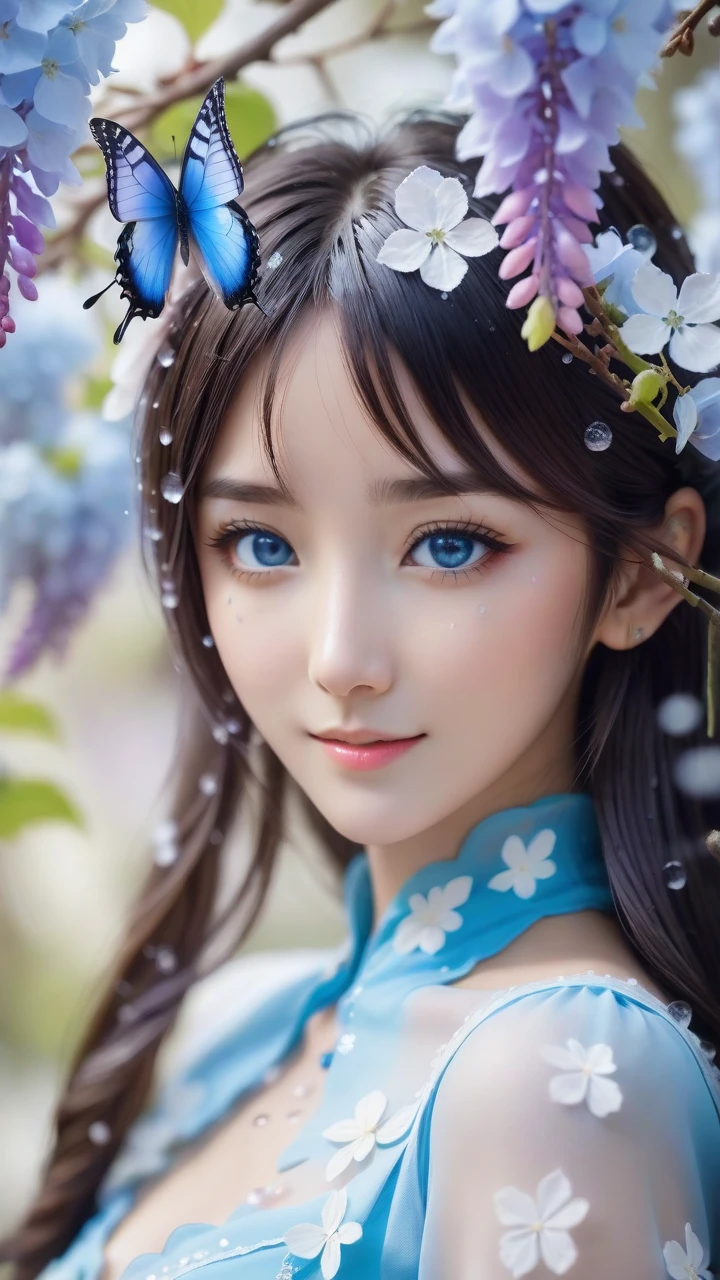 blurry,blurry background,blurry foreground,depth of field,motion blur,bug,butterfly,flower,wisteria,branch,blue butterfly,1girl,solo,white flower,tears,long hair,butterfly hair ornament,own hands clasped,hydrangea,bokeh,cherry blossoms,long sleeves,nail polish,bangs,black hair,blue eyes,water drop,snowflakes,looking at viewer,smile,