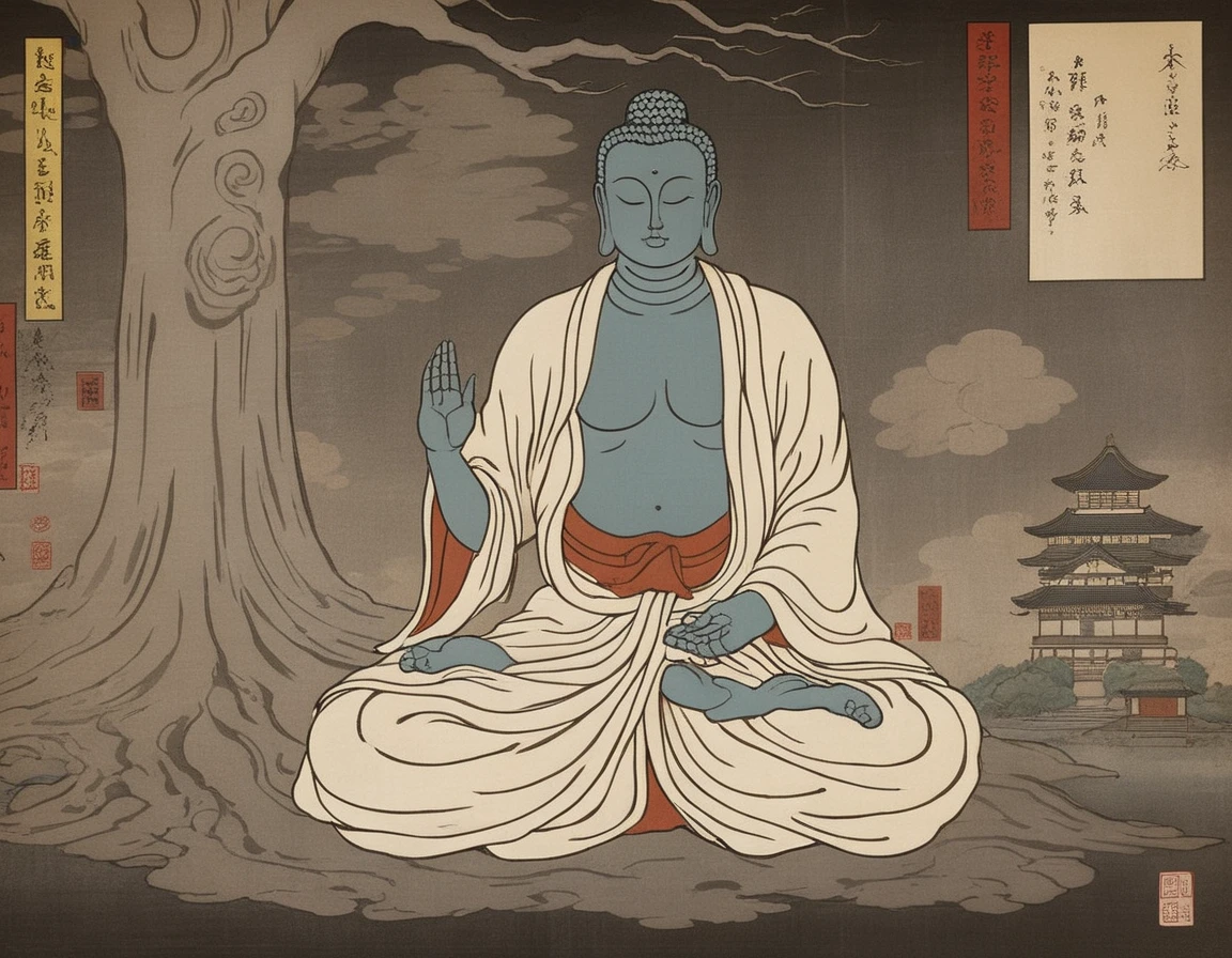 The artwork showcases an image of Siddhartha Gautama, commonly known as Buddha, rendered in the traditional Japanese Ukiyo-e art style. Buddha is depicted in a serene and meditative posture, his features embodying the tranquility and wisdom for which he is renowned. He's adorned with intricate patterns and details, reminiscent of classical Japanese artwork. The flowing robes and ethereal aura around him further emphasize his enlightened state. The aged and textured backdrop, similar to old parchment or scrolls, complements the Ukiyo-e aesthetics. The representation beautifully fuses religious symbolism with the rich artistry of Ukiyo-e, creating a harmonious blend of spirituality and artistic tradition,<lora:ukiyoe:0.75>
