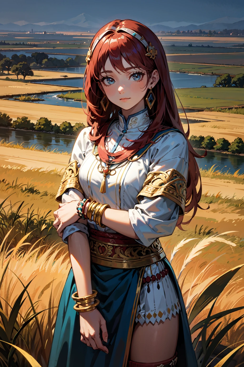 (best quality, masterpiece:1.1), (Intricate detailed:1.2), ((cowboy shot, looking at viewer, staring, 1girl, bright face, crimson hair, very long hair, spiked hair, blue african clothes, hair ornaments, jewelry, arm bracelet, (tribe, tribal:1.2) BREAK (savana, (dry, yellow grass land), field, (river)) in the background, ):0.8)