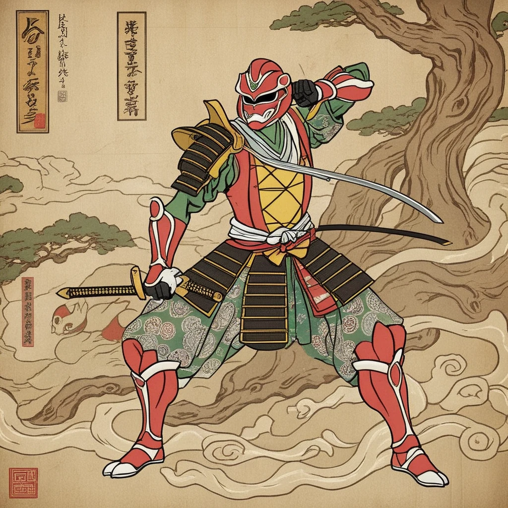 The illustration showcases a figure resembling a Power Ranger, but it's deeply rooted in traditional Japanese aesthetics, particularly the Ukiyo-e art style. The character is bedecked with intricate patterns and adornments that echo samurai armor and attire. The overall color palette and detailing exude a rich, classical feel. The background, reminiscent of aged parchment or perhaps old scrolls, complements the Ukiyo-e-inspired ambiance. This melding of iconic childhood hero with ancient artistry beautifully fuses elements of both the past and the imaginative present., <lora:ukiyoe:0.75>