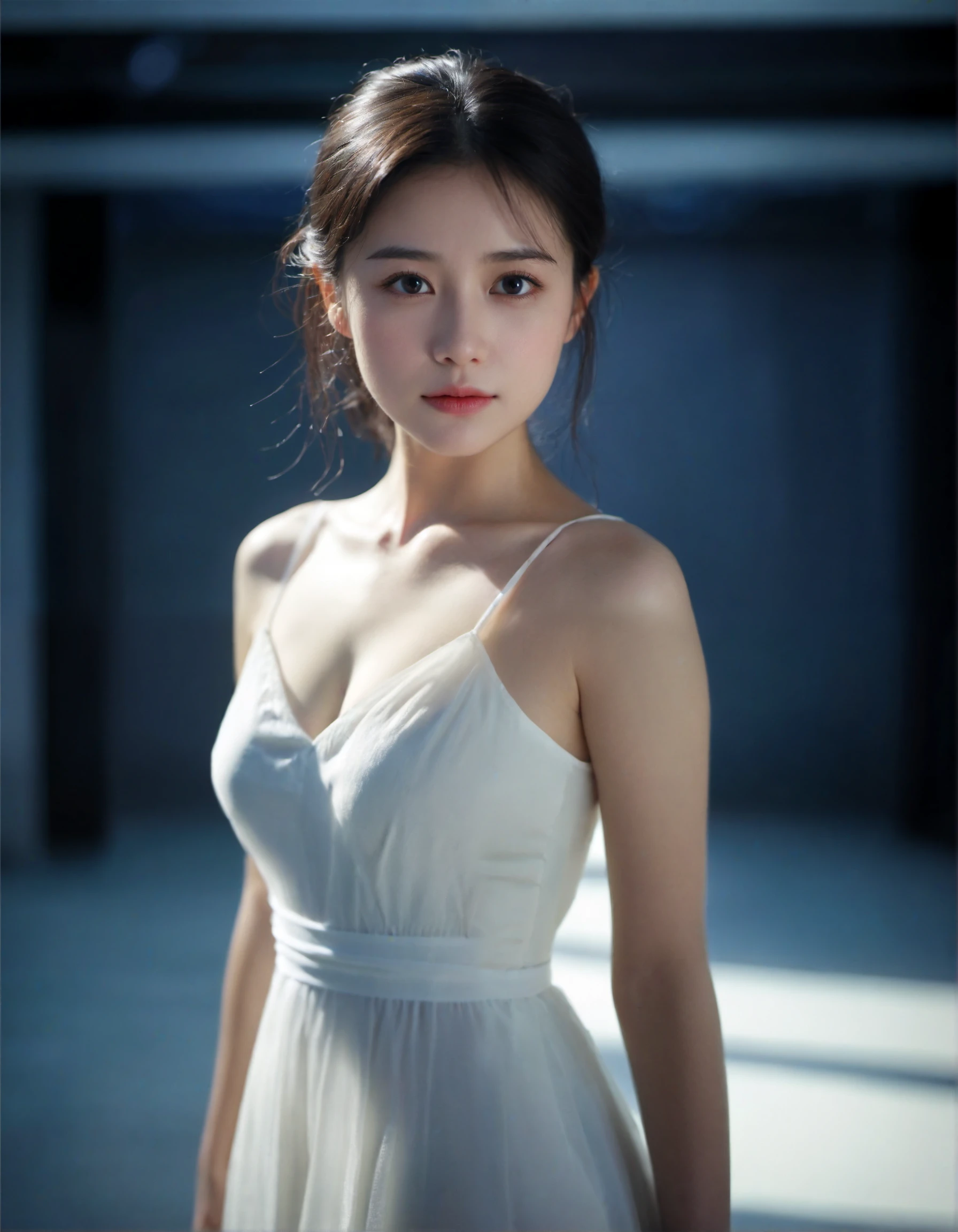 cinematic film still adult girl, whole body, medium breasts, looking at viewer, solo:1, white dress . shallow depth of field, vignette, highly detailed, high budget, bokeh, cinemascope, moody, epic, gorgeous, film grain, grainy