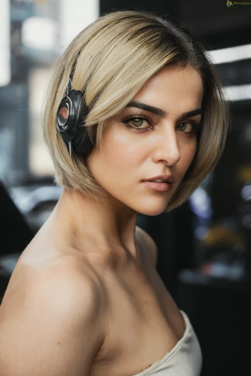 <lora:Wamiqa-09:0.85>, (photo of a gorgeous woman), (professional photography), (cyberpunk background), ((as a cyberpunk fighter)), (medium body portrait), ((short blonde hair)), masterpiece, best quality, (eye contact), (looking at the viewer), centred, (shot from front), blurred_background, proportional