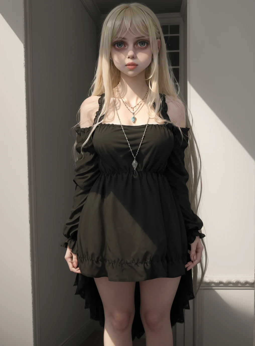 1girl, solo, realistic, long hair, necklace, jewelry, olive eyes, black dress, large cheeks, blonde hair, standing, looking at viewer, lips,, masterpiece, best quality,