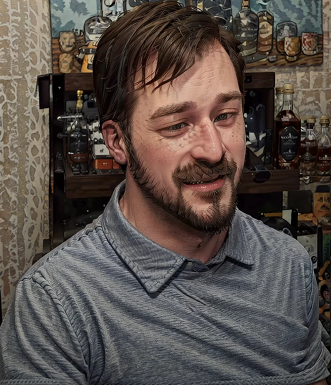 1boy, male focus, facial hair, solo, beard, earphones, realistic, brown hair, smile, mustache, gray shirt, open eyes, frowning, collared shirt, masterpiece, best quality,