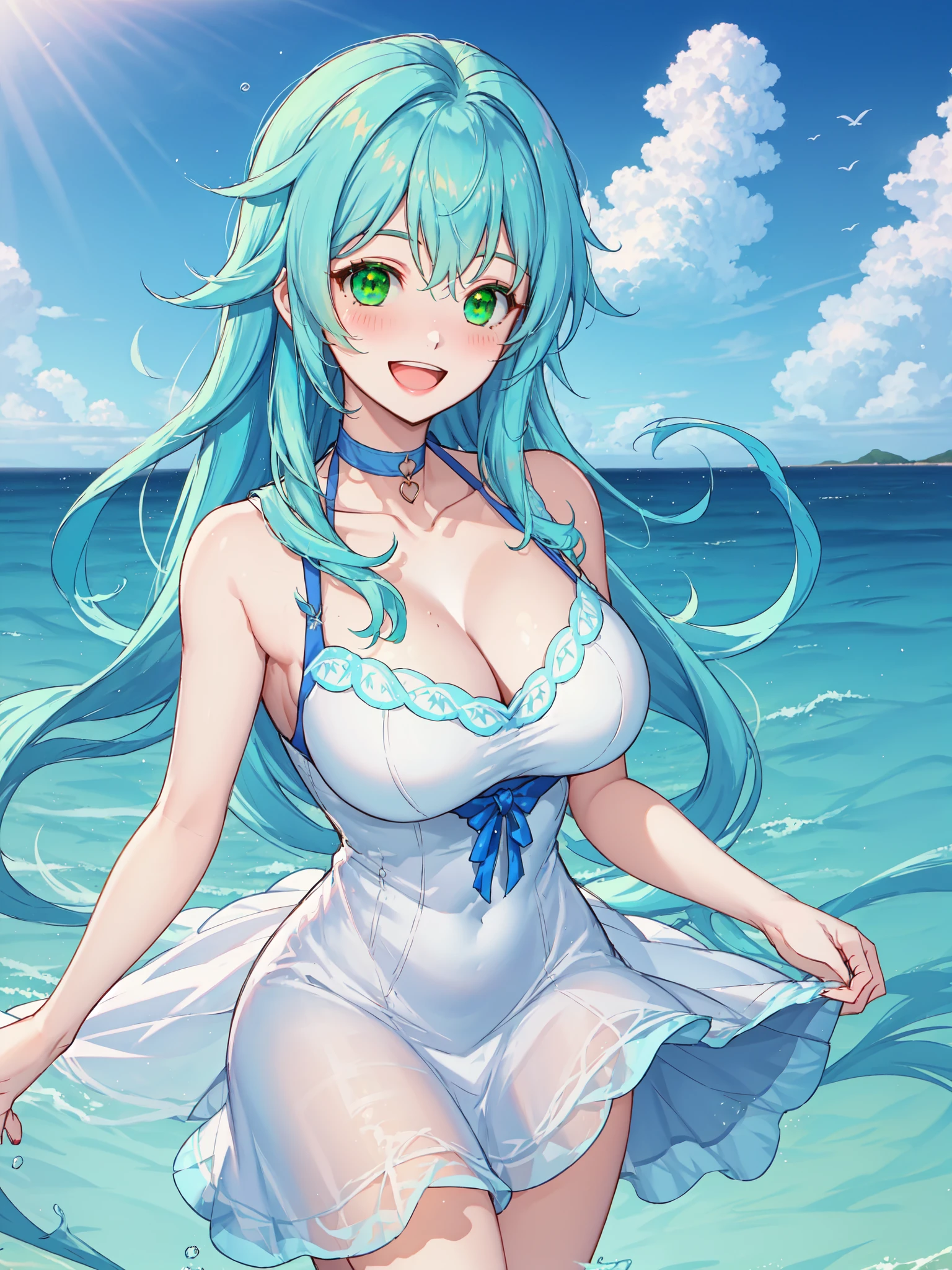 masterpiece, best anatomy, perfect anatomy, gossamer, 1girl, solo, long hair, looking at viewer, blush, smile, open mouth, large breasts, dress, cleavage, bare shoulders, very long hair, green eyes, blue hair, collarbone, :d, outdoors, sky, sleeveless, choker, day, cloud, water, nail polish, white dress, blue sky, sleeveless dress, ocean, upper teeth only
