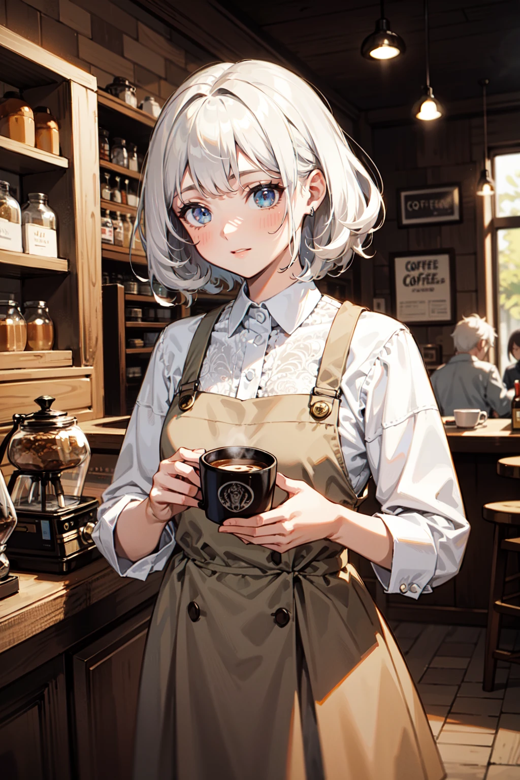 (best quality, masterpiece:1.1), (Intricate detailed:1.2), ((cowboy shot, looking down, 1girl, touched face, white hair, medium hair, curly hair, (store clerk) BREAK ( (coffee shop)) in the background, ):0.8)