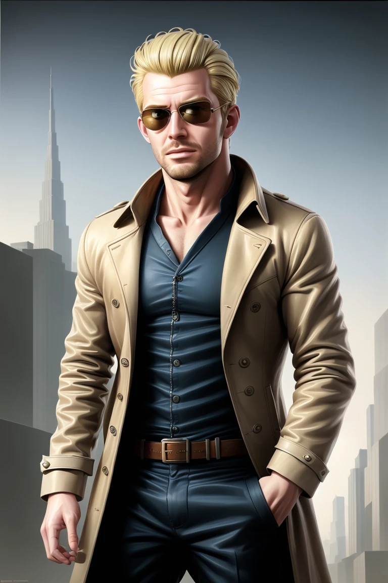 realistic photorealistic detailed intricate, pastel oil painting of man in a trench coat, sun glasses, blonde hair,