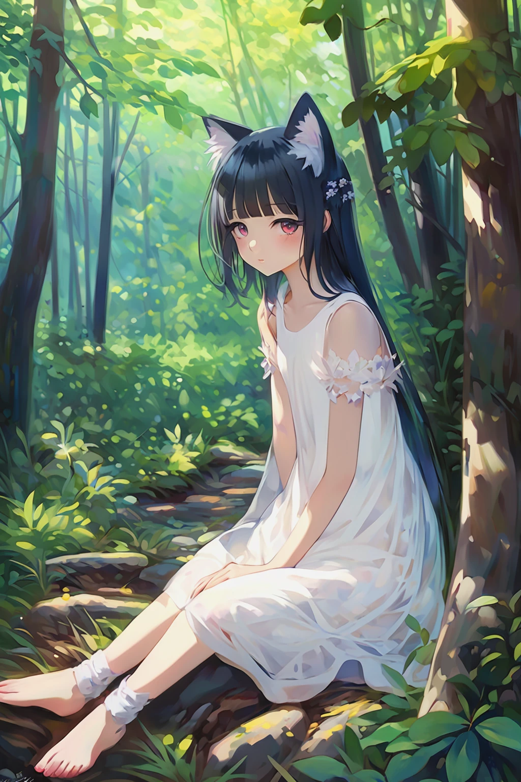 a girl in a white dress is sitting in the woods with , Chizuko Yoshida, official art, a detailed painting, furry art