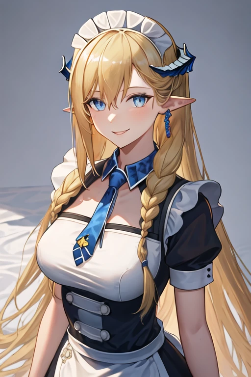 best quality, masterpiece, highres, solo, {maid:1.40}, {long maid dress:1.15}, {saileach_arknights:1.15}, long_hair, blonde_hair, horns, bangs, blue_eyes, pointy_ears, hairband, breasts, blue_hairband, braid, large_breasts, very_long_hair, smile, hair_between_eyes, upper_body, blue_necktie, necktie