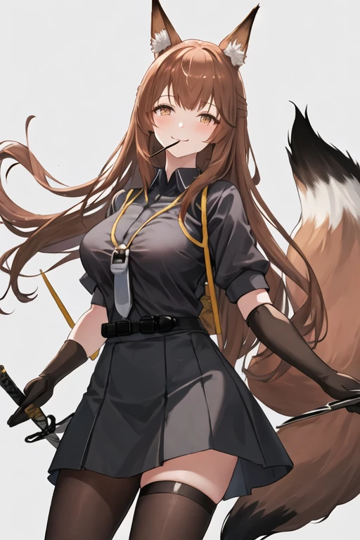 best quality, masterpiece, highres, solo, {franka_arknights:1.15}, animal_ears, long_hair, fox_ears, brown_hair, bangs, animal_ear_fluff, brown_eyes, fox_girl, breasts, smile, blush, tail, fox_tail, upper_body, large_breasts, 1girl, black_shirt, closed_mouth, extra_ears, gloves, holding, holding_sword, holding_weapon, looking_at_viewer, shirt, simple_background, sword, weapon, white_background, black_gloves, short_sleeves, elbow_gloves