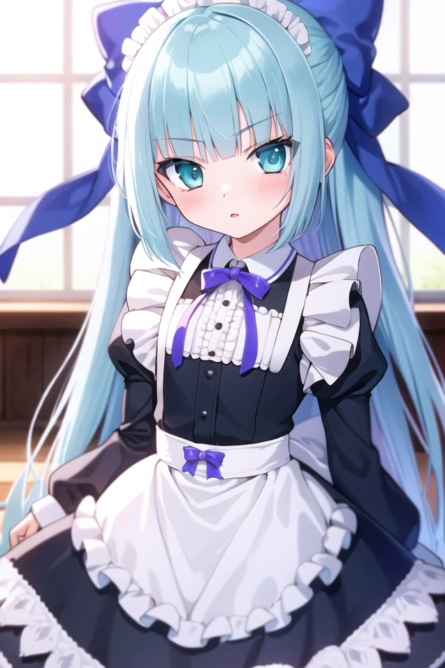 masterpiece, best quality, absurdres, cute, extremely detailed face, perfect lighting, <lora:ro-kyu-bu_v7-000018:0.6>,
1girl, solo, mimi balguerie, very long hair, half updo, hair bow, maid, blush, parted lips, cowboy shot,