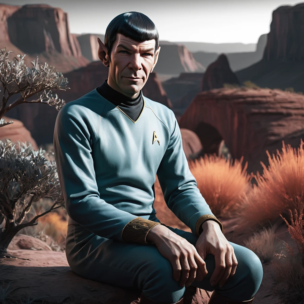 8k Redshift render, large [Zulu|Ugandan] (Mr. Spock:1.2) , Mr. Spock is Enchanting and Shabby, Sitting in The Horseshoe Bend, stylized, Bedouin vegetation, at Twilight, Rembrandt lighting, BW, Pixabay, stylized by Ross Tran, John Constable, extremely content happy smile