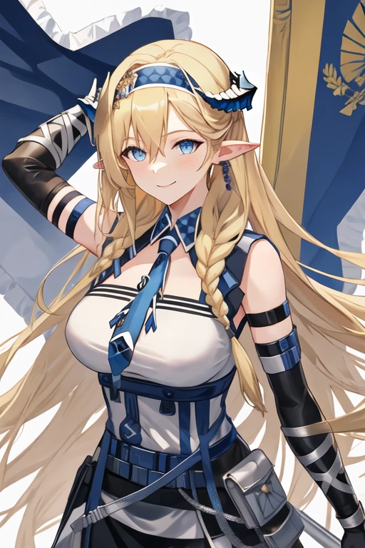 best quality, masterpiece, highres, solo, {saileach_arknights:1.15}, long_hair, blonde_hair, horns, bangs, blue_eyes, pointy_ears, hairband, breasts, blue_hairband, braid, large_breasts, very_long_hair, smile, hair_between_eyes, upper_body, blue_necktie, necktie, 1girl, bare_shoulders, looking_at_viewer, shirt, white_shirt, elbow_gloves, gloves, twin_braids, black_gloves, holding