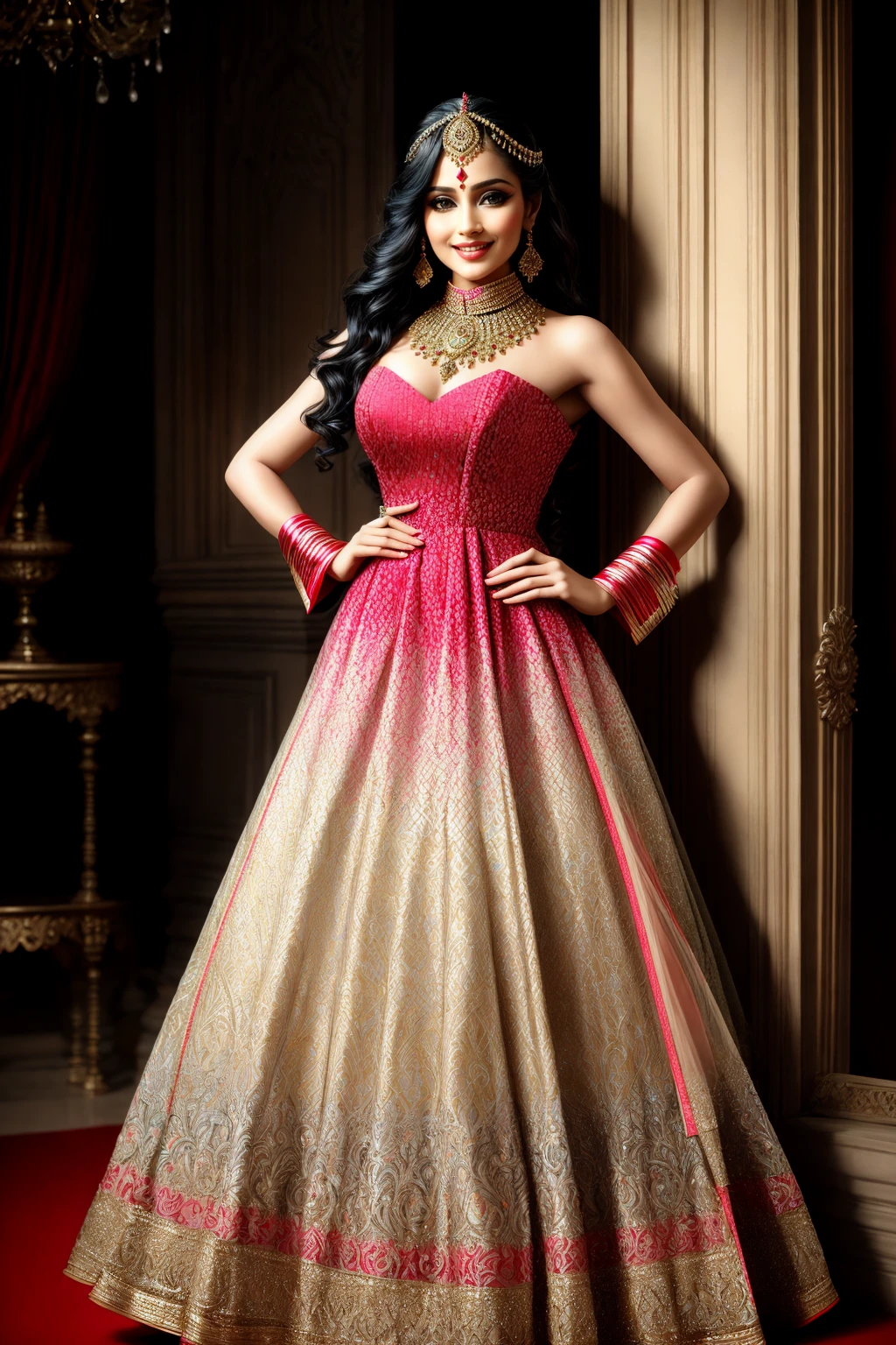 ((Masterpiece, best quality,edgQuality)),smile,smirk,
Haute_Couture, 
edgNath,
a woman posing for a picture
,wearing a (Haute_Couture,edgBW fashion) designer dress with edgNath_jewelry
 <lora:edgBollywoodLycoris:1>