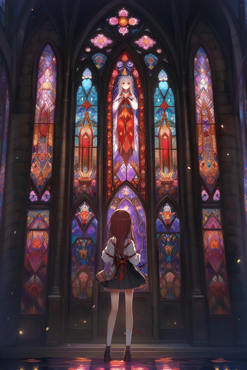 (1girl:1.8),
medium hair, gray hair, twin tails,twin drills, red eyes, tareme,medium breasts, black ribbons,
Inside an old European church, where vibrant stained-glass windows gleam,
BREAK
A solitary girl walks, her eyes filled with dreams,
BREAK
Camera in hand, capturing memories so grand,
BREAK
As she admires the art, in this sacred land.