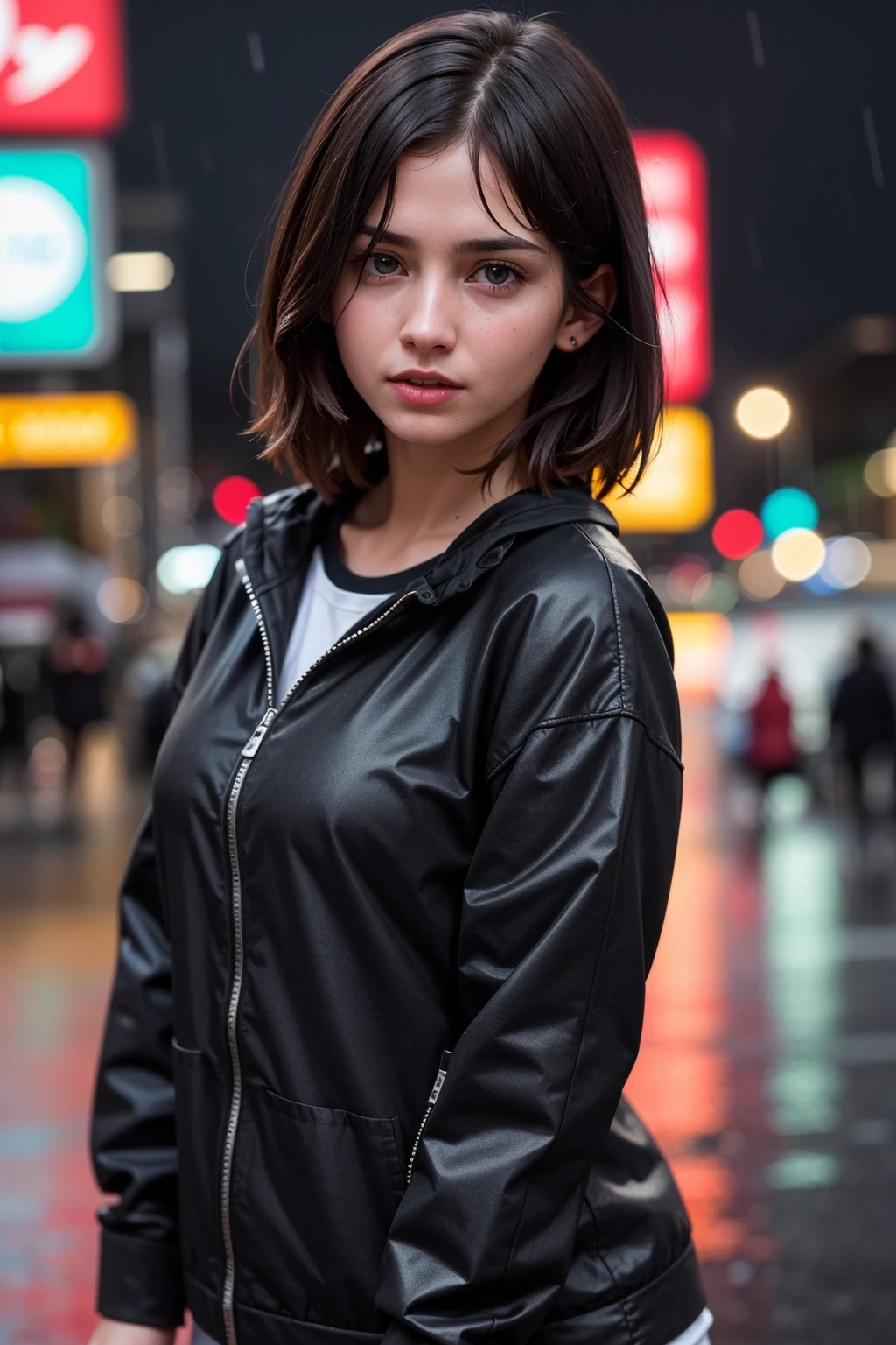 (dynamic angle:1.1), (cute face:1.2), dark sky, (nighttime:1.2), (rainy weather:1.2), detailed skin texture, photo of angry girl in the street, looking to the side, wet hair, volumetric light, masterpiece, best quality, intricate details, subsurface scattering