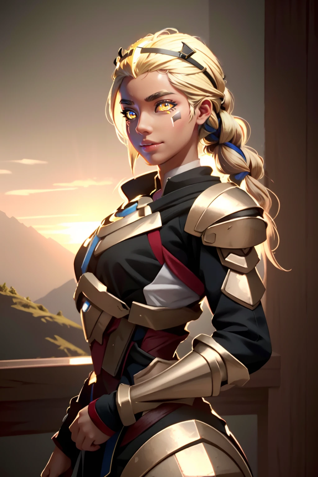 3d, CGI, Render, realistic, realism, photorealism, photo-realistic, (perfect female figure), 8k high definition detailed realistic, (best quality, masterpiece:1.2), photon mapping, radiosity, physically-based rendering, best quality, highly detailed,1girl, looking at viewer, armor, long blonde hair, braided hair, hair accessory, ((glowing yellow eyes)), face marks, indian ruins background, sunrise , <lora:illari2:.7>