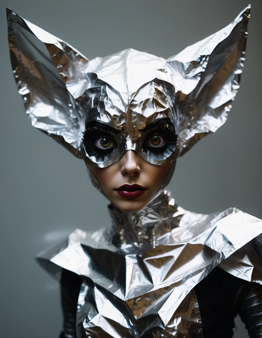 A whimsical character made out of aluminum foil, with pointy ears and large eyes. A lowbrow sketch, in the style of Luis Royo.