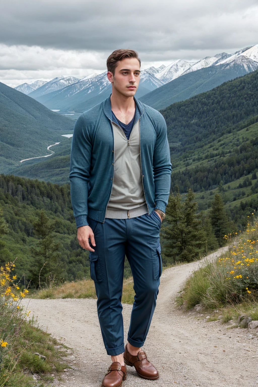 a Broad-shouldered Jewish man at a Enchanted Mountain Range, wearing a Chambray  Teal  Polka dot Cargo pants, Pinstripe  Rosewood  Cotton Zip-up cardigan, Monk strap shoes, ,