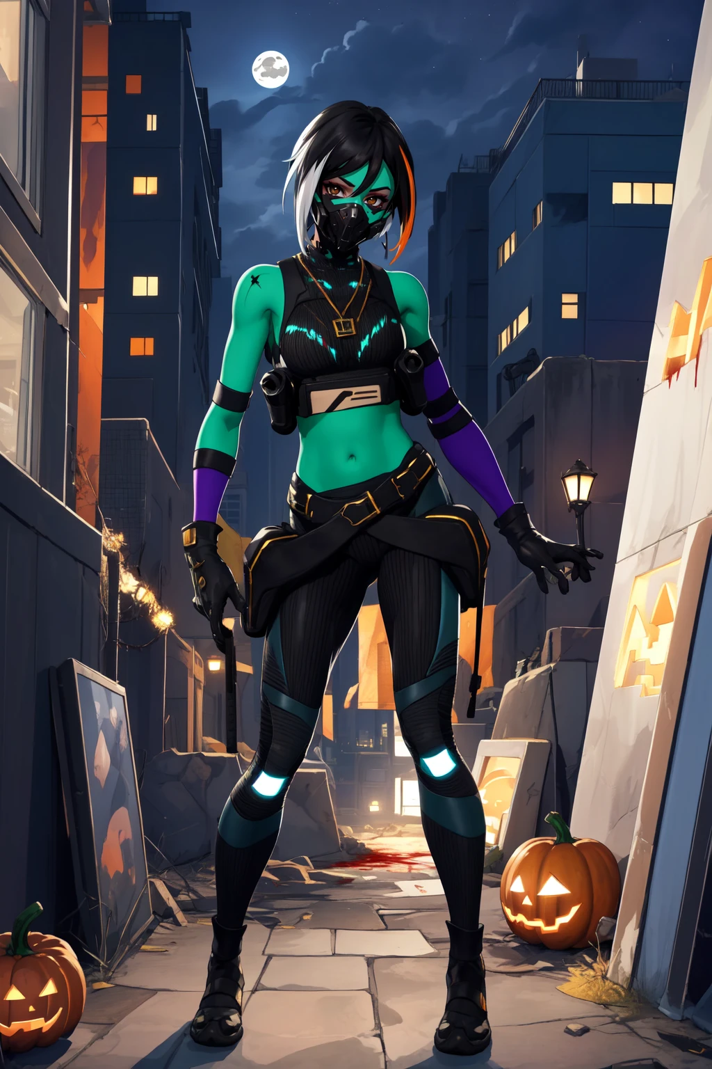 <lora:HushAllSkinsFortnite:0.8>, Zush:1.2, 1girl, medium breasts,((multicolored skin, multicolored hair, stitched arm, two-tone hair, black hair, white hair ,colored skin, animification, split-color hair, stitches, stitched face, zombies:1.5, blood, resident evil)), short anime hair, red eyes, gloves, navel, bare shoulders, standing, sleeveless, jack o lantern,
black gloves, midriff, belt, pants, crop top, mask, armband, mouth mask, dogtags, toned, fullbody, from above, ruined city:1.5,
Halloween party, night, evil sky, blood_moon,
Halloween skyscrapers, skyscraper roof:1.5, city below:1.3,
highest quality, high quality, (detailed face and eyes:1.1),