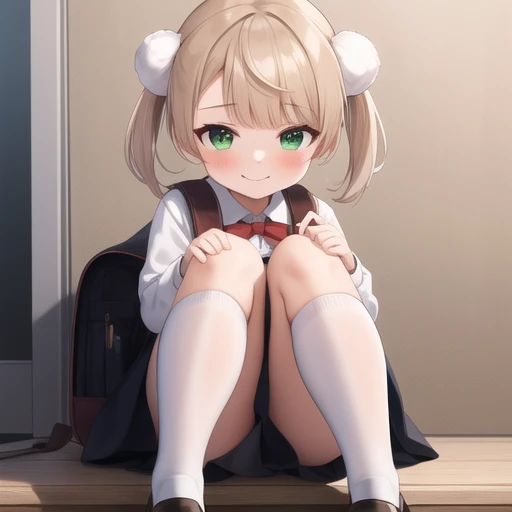 highest quality,masterpiece,8k,1girl,medium breasts, blush, sweat, mini skirt, lift skirt, upskirt, white panties, hair ribbon, twin tails, green shirt, seifuku, white neckerchief, long sleeves, pleated skirt, black skirt, thigh highs sox, loafers, camel toe, open legs, heart shaped pupils,