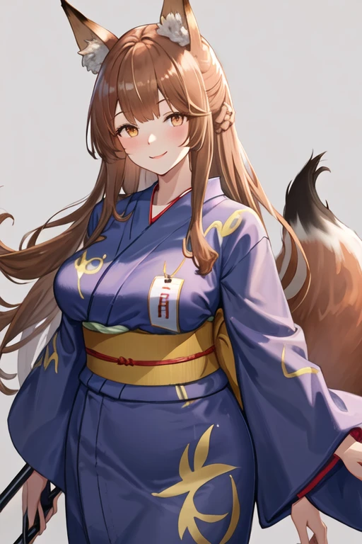 best quality, masterpiece, highres, solo, {yukata:1.40}, {kimono:1.20}, {franka_arknights:1.15}, animal_ears, long_hair, fox_ears, brown_hair, bangs, animal_ear_fluff, brown_eyes, fox_girl, breasts, smile, blush, tail, fox_tail, upper_body, large_breasts