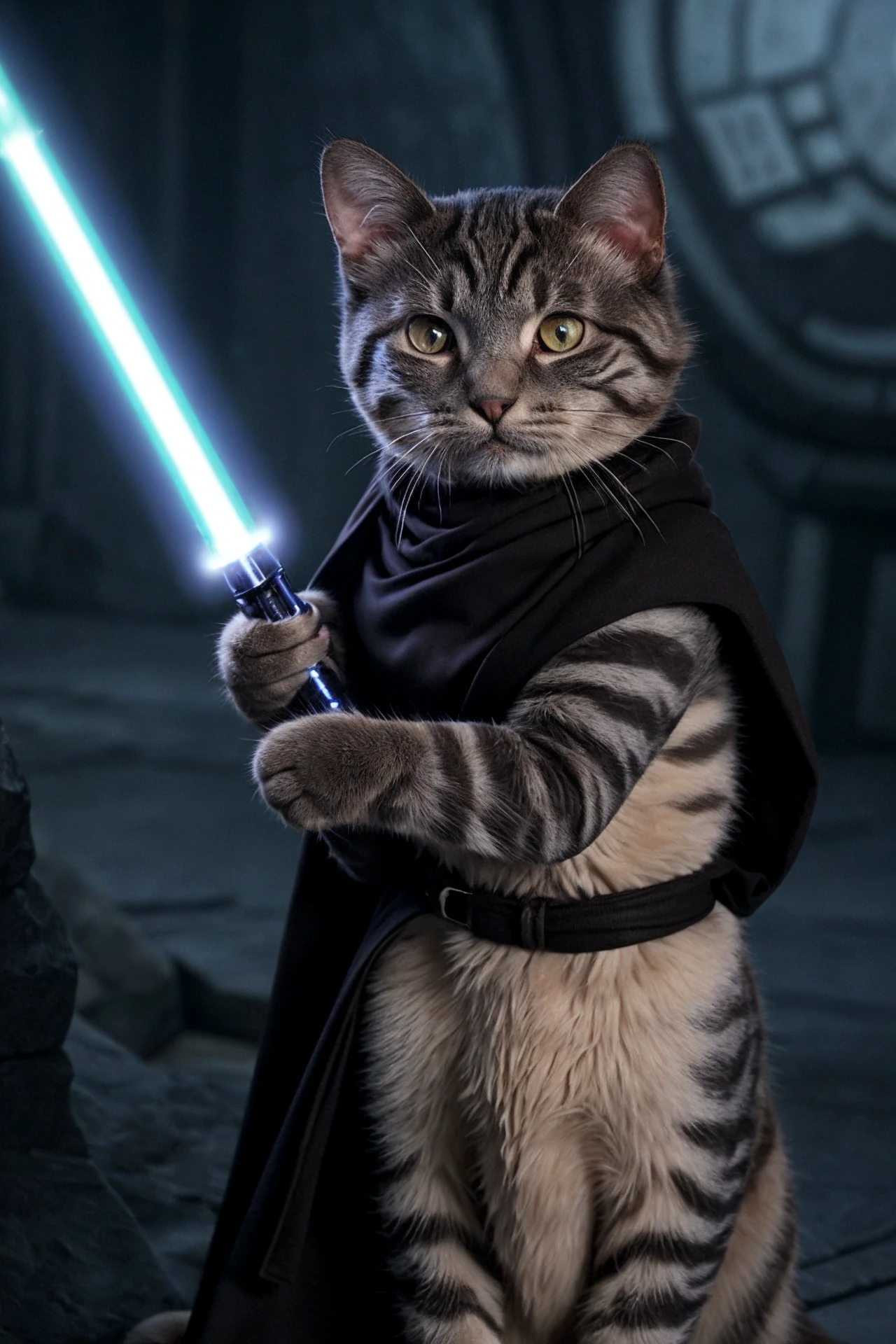 a master jedi cat in star wars with a lightsaber, wearing a jedi cloak hood (cat:1.3)