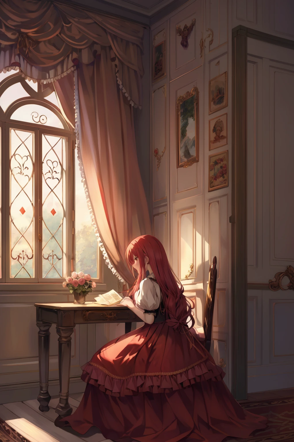 (1girl:1.3),red long hair,
gothic frilled dress,
In the sepia tones of nostalgia and loneliness,
BREAK
a solitary figure gazes into the distance by a window, or reflects on old letters, surrounded by antique furniture.
BREAK
In a room filled with memories, quiet moments of solitude unfold,
BREAK
capturing the emotions of loneliness and longing, as time stands still.