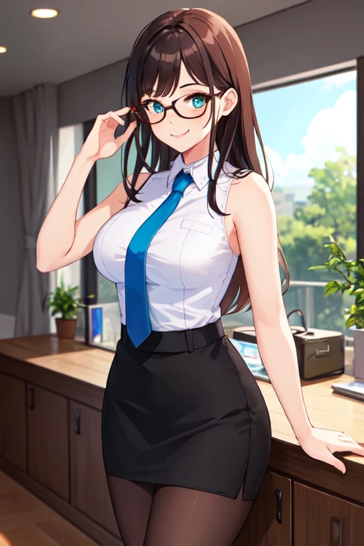 1girl, solo, masterpiece, best quality, cowboy shot, large breasts, black-framed eyewear, looking at viewer, smile, indoors, pantyhose, <lora:sexyOLsuitnew:0.4>, pencil skirt, collared shirt, necktie, sleeveless,