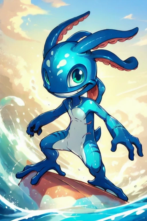 (((masterpiece, best quality))) (drawing, flat colors, anime), stunningly beautiful, highly detailed, BREAK fizz_lol, solo,full body, webbed feet, tentacle_hair, short tail, smile BREAK wet, ocean, surfing waves, red surfboard, sunset <lora:FizzLora-000015:0.8>