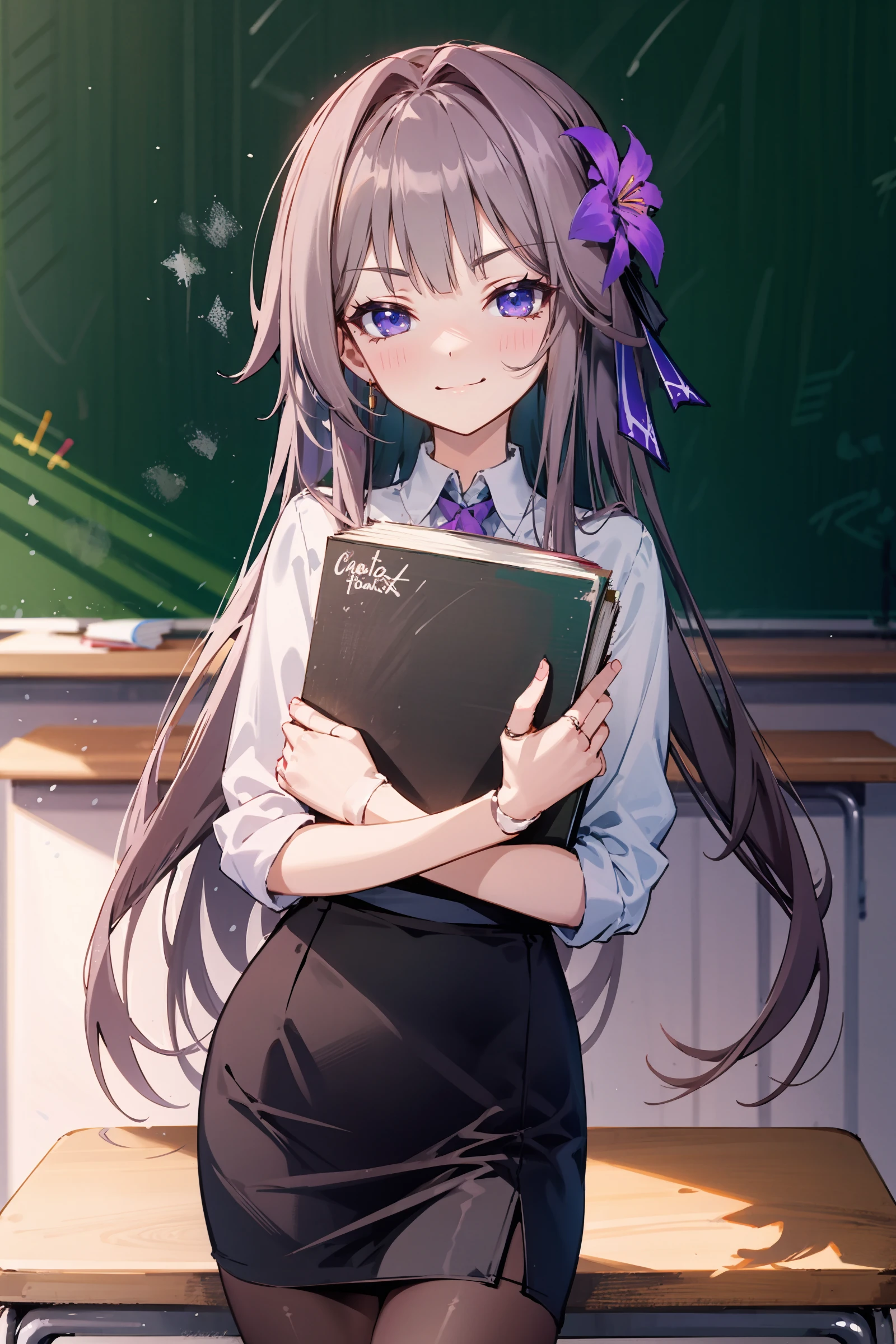 1girl, herta \(honkai: star rail\), doll joints, white shirt, pencil skirt, pantyhose, cowboy shot, holding book, smirk, looking at viewer, classroom, chalkboard, depth of field
