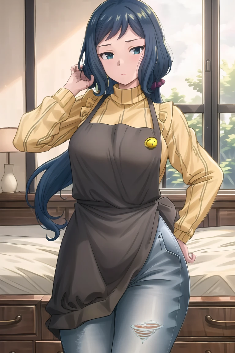 best quality, 
highly detailed, 
masterpiece, 
ultra-detailed, 
(bedroom:1.2), 
rinko-iori, 
yellow sweater, 
wide hips, 
(black apron:1.1), 
cowboy shot, 
blue eyes, 
armband, 
standing, 
jeans, 
<lora:Rinko_Iori:0.8>,