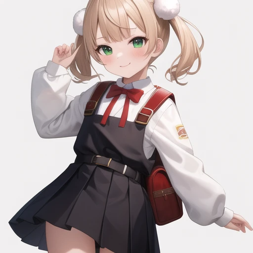 (masterpiece, best quality:1.2),illustration,8k,hd,absurdres,1girl,solo,cowboy shot,shigure ui (vtuber),aged down,child,bandaid on knee,belt,bandaid on leg,backpack,bangs,black dress,black footwear,blush,pom pom hair ornament,collared shirt,green eyes,kneehighs,light brown hair,smug,smirk,loafers,long sleeves,pinafore dress,pleated dress,randoseru,red bow,school uniform,sleeveless dress,twintails,white legwear,white shirt,<lora:Shigure Ui(vtuber)>,