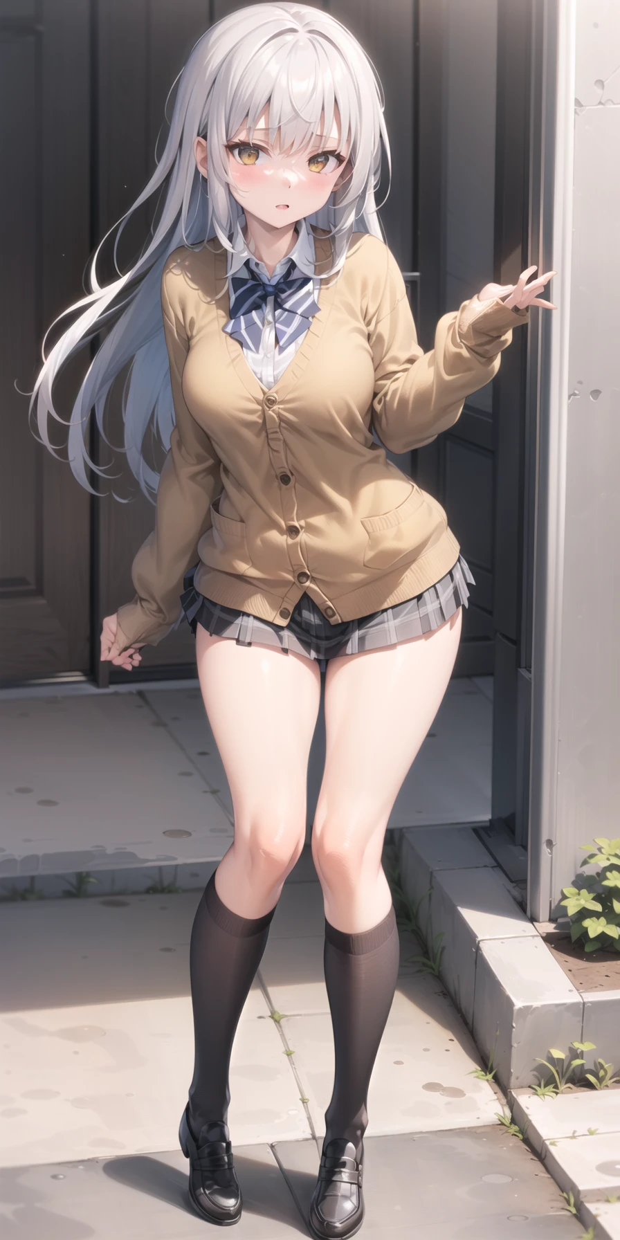 masterpiece, Best Quality, highres, higuchi kaede, 1girl, virtual youtuber, Solo, hair long, Mole Under Eye, skirt, necktie, jacket, purple eyes, Socks, Poetry, hair decoration, white bow, hair bow, bow, blazer, very long hair, purple necktie, Pleated skirt, white socks, hairclip, open clothes, Cardigan, school uniform, kneehighs, grey hair, black jacket, shirt, collared shirt, plaid, open sweater, explosions, plaid skirt, Miniskirt, tachi-e, white shirt, long-sleeved, grey skirt, breasts, plaid necktie, Standing, (skirt lift:1.3), (thong:1), (angry:1), frown