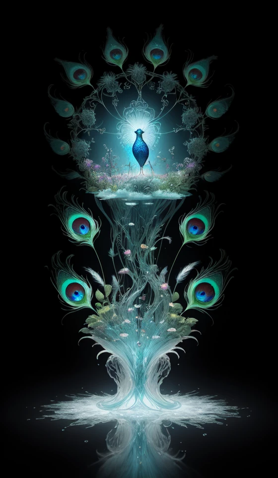 symmetrical insect rorschach test, peacock. intricate, centered, amazing composition by amano yoshitaka, by rembrandt, illustrious makinami, digital art, digital painting, artstation trending, unreal engine, fractal flame, transparent jellyfish, transparent feathers, bio luminescent, ice, water