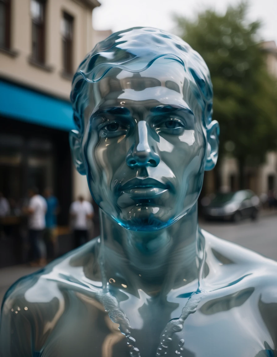 portrait of a water man (made of water:1.4) standing in the street, made of fluid, transparent water