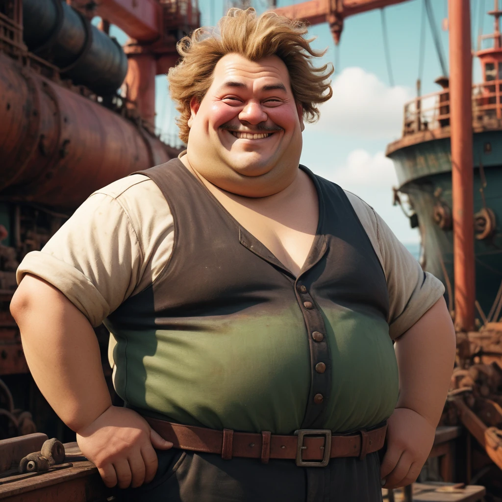 Movie poster, Unity Engine of a Grotesque portly Hungarian Male Shipbuilder, his hair is Thai, Sunny, Cel shading, Cozy, Cutepunk, soft lighting, extremely beautiful, hyperdetailed, extremely content happy smile