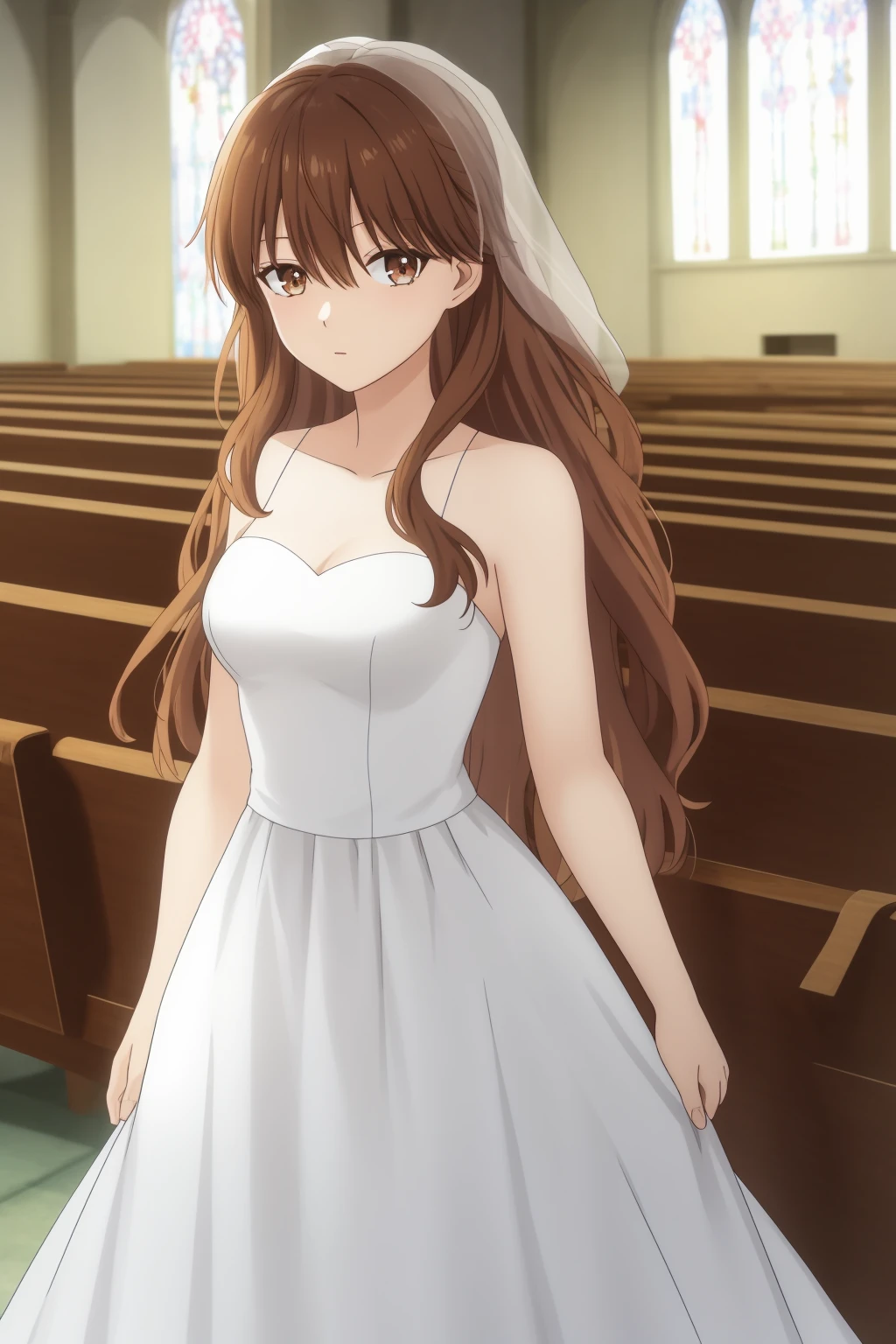 fuyutsuki, 1girl, solo, long_hair, looking_at_viewer, bangs, brown_hair, hair_between_eyes, brown_eyes, wedding_dress, white_dress, church