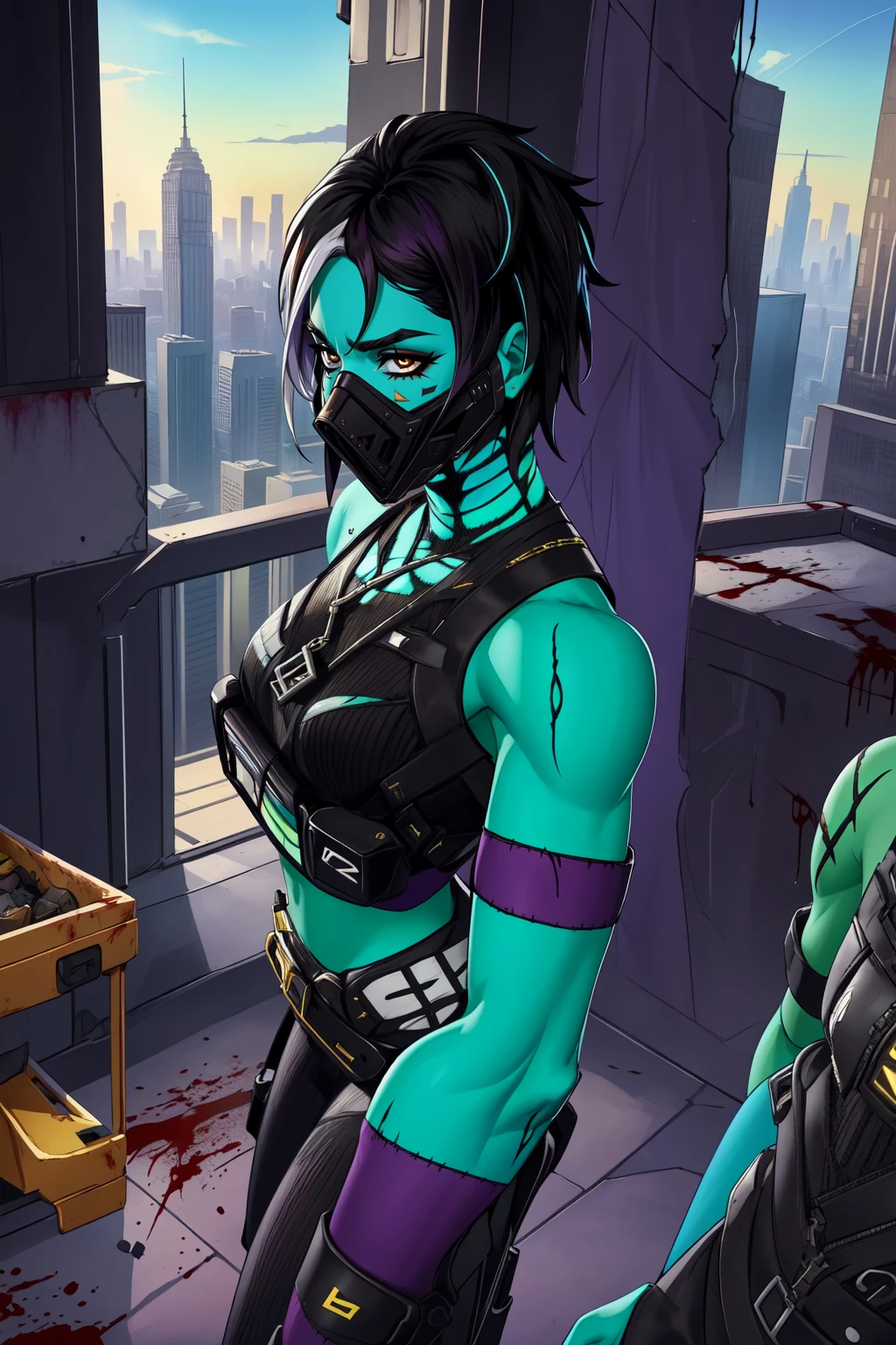 <lora:HushAllSkinsFortnite:0.8>, Zush, 1girl, medium breasts,((multicolored skin, multicolored hair, stitched arm, two-tone hair,colored skin, animification, split-color hair, stitches, stitched face, zombies, blood, flesh piles, resident evil)), short anime hair, red eyes, gloves, navel, bare shoulders, standing, sleeveless,
black gloves, midriff, belt, pants, crop top, mask, armband, mouth mask, dogtags, toned, fullbody, from above, sci-fi city:1.5,
futuristic skyscrapers, skyscraper roof:1.5, city below:1.3,
highest quality, high quality, (detailed face and eyes:1.1),