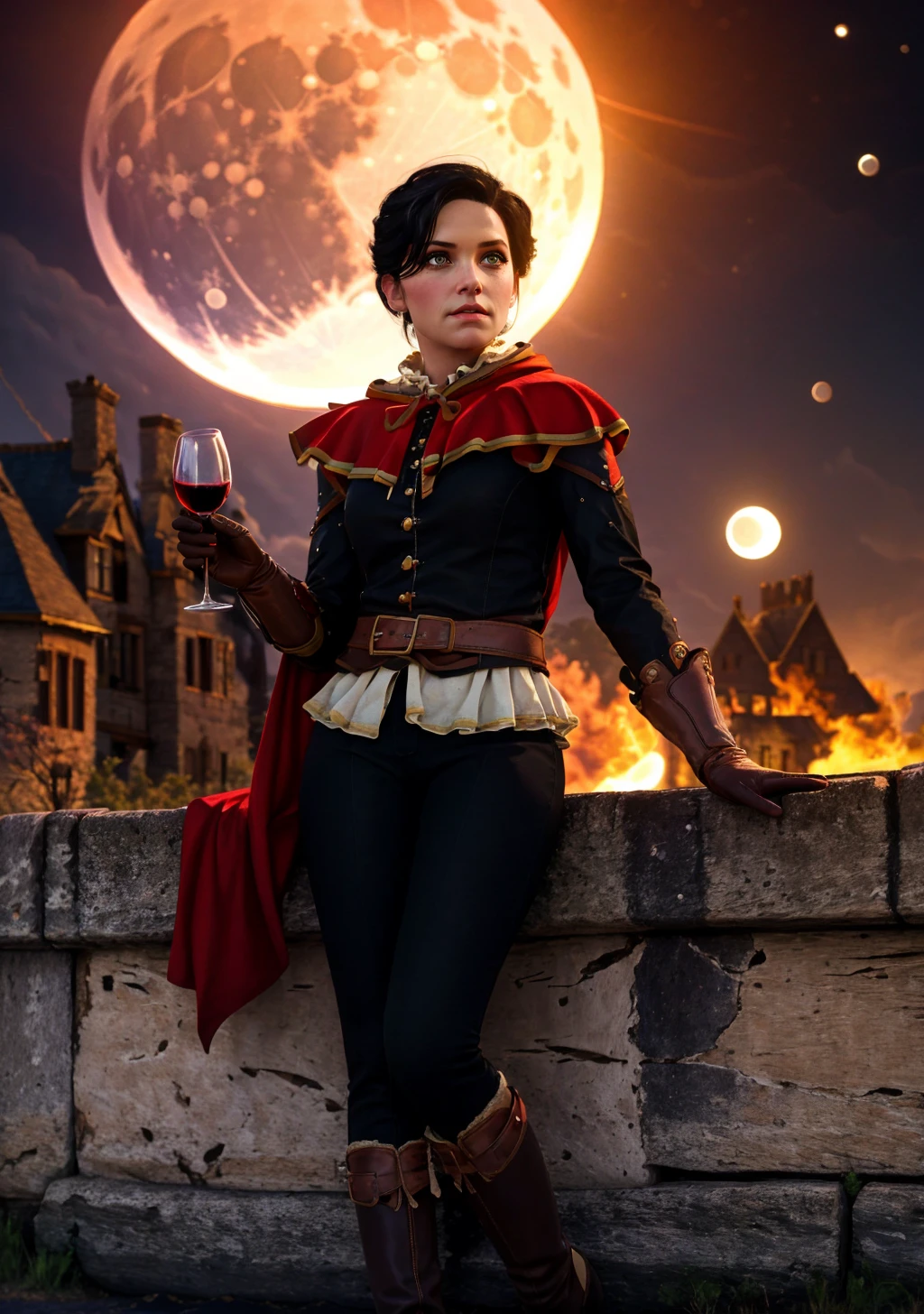 masterpiece, best quality, beautiful, 1girl, holding, raised wine glass, syanna, red capelet, black suit, pants, gloves, long sleeves, short hair, black hair, beauty mark, boots, brown footwear, holding wine, castle, fire, burning village, night, (lunar eclipse:1.3), starry sky, <lora:Syanna-09:0.8>