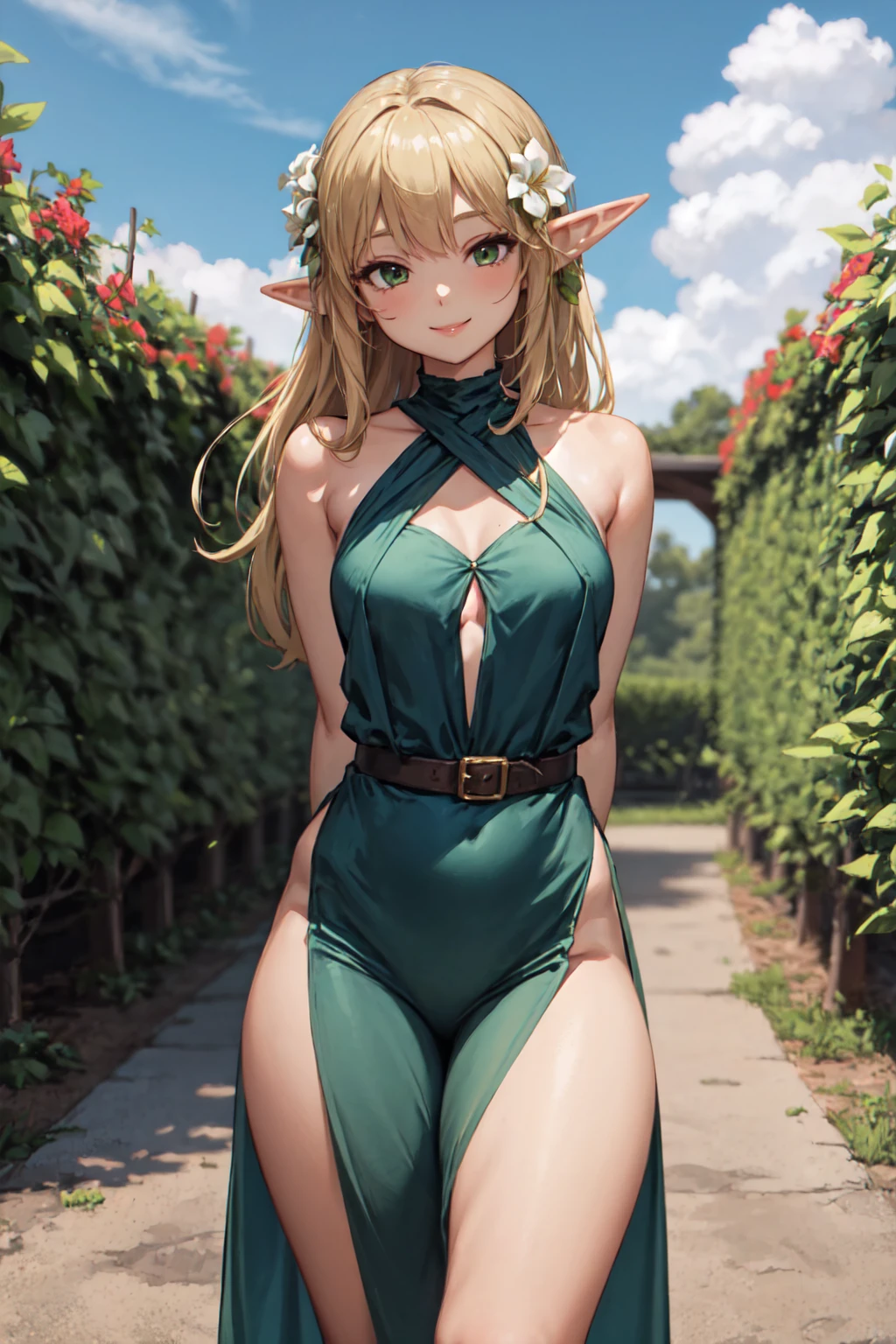 masterpiece, best quality, 1girl, courtyard, flowers, vineyard, elf, long green silk dress, (thick thighs:1.1), smile, leaning on object, arms behind back