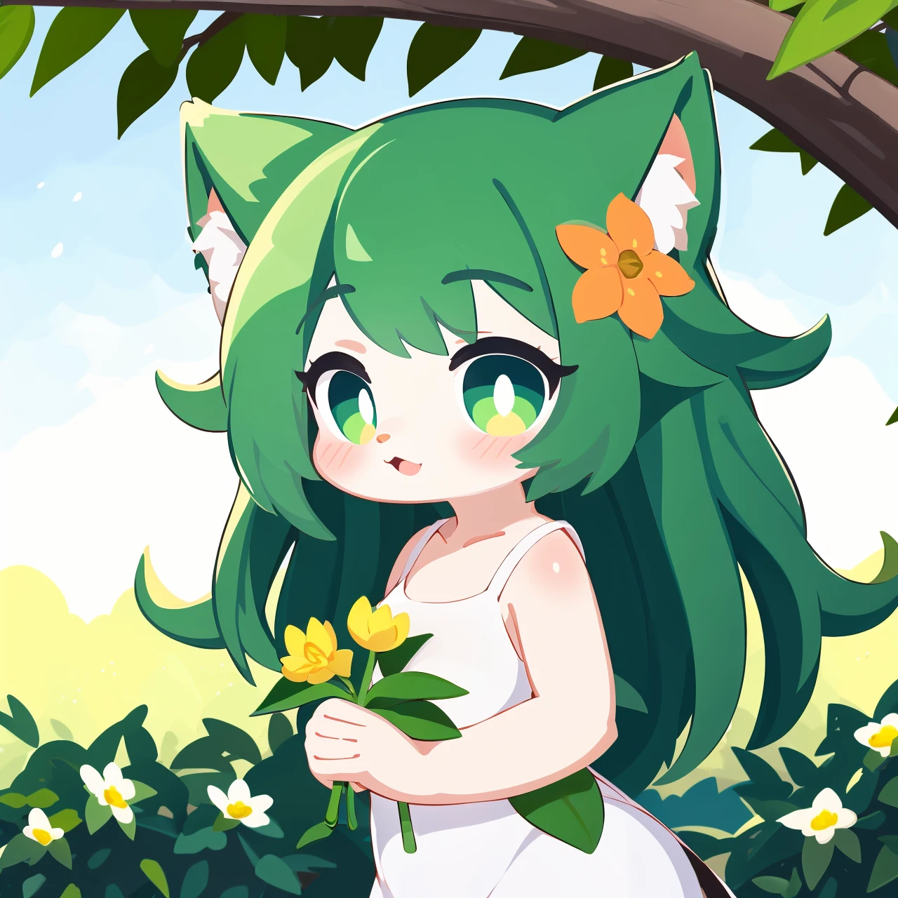 (furry, furry female:1.2), (flower:1.5), plant, vines, leaves, green hair, green eyes, morning, sunshine, blue sky