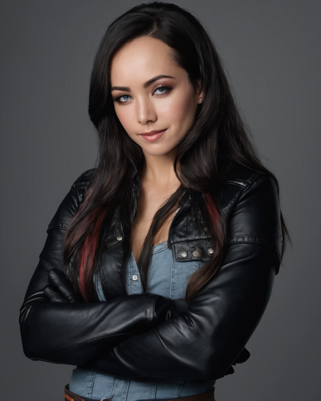 ksenia_solo, <lora:KseniaSoloXL:1>, 1girl, solo, long hair, looking at viewer, smile, simple background, shirt, black hair, gloves, multicolored hair, cowboy shot, black gloves, elbow gloves, belt, pants, grey background, makeup, crossed arms, denim, jeans, realistic, leather, ((perfect eyes, detailed eyes,realistic eyes)), ((sharp face, detailed face, realistic face, naturtal skin, realistic skin, detailed skin, pores)), (masterpiece, best quality, ultra-detailed, best shadow), high contrast, (best illumination), ((cinematic light)), colorful, hyper detail, dramatic light, intricate details, (1 girl, solo) , ultra detailed artistic photography, dreamy, backlit, shadows, ultra high definition, 8k, ultra sharp focus, ultra high quality model, soft lighting, film photography, analogue photography, hyperrealism,