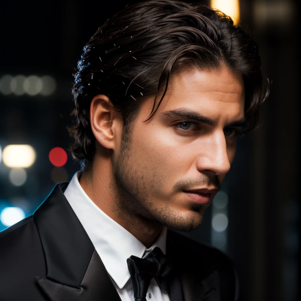 face portrait of maxiiglesias person using a tuxedo, in blade runner, professional photography, high resolution, 4k, detailed photo, <lora:maxiiglesias_33300:1>