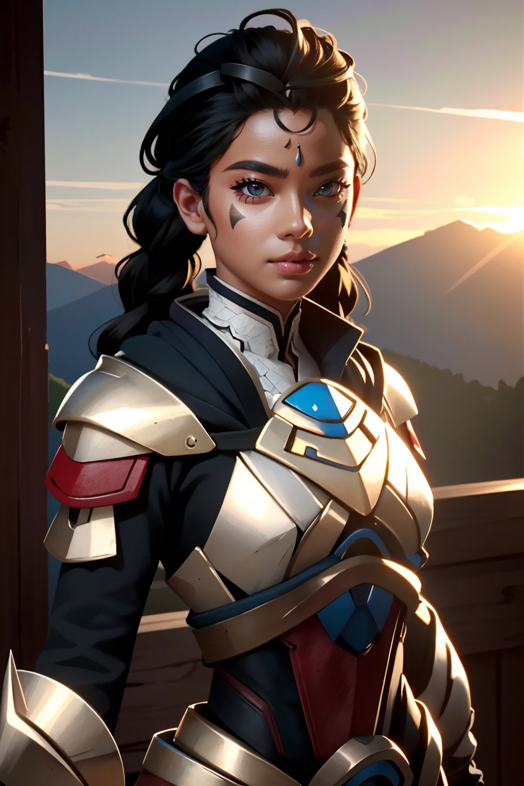 3d, CGI, Render, realistic, realism, photorealism, photo-realistic, (perfect female figure), 8k high definition detailed realistic, (best quality, masterpiece:1.2), photon mapping, radiosity, physically-based rendering, best quality, highly detailed,1girl, looking at viewer, armor, long black hair, braided hair, hair accessory, face marks, indian ruins background, sunrise , <lora:illari2:.7>